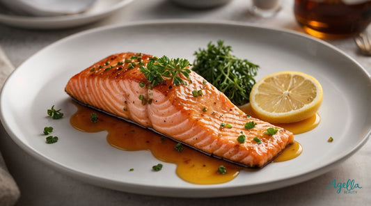Crispy air-fried honey butter salmon fillet drizzled with a rich garlic butter glaze, garnished with fresh parsley and a lemon wedge on a clean, elegant plate. A golden, caramelized seafood dish perfect for a healthy, high-protein meal.